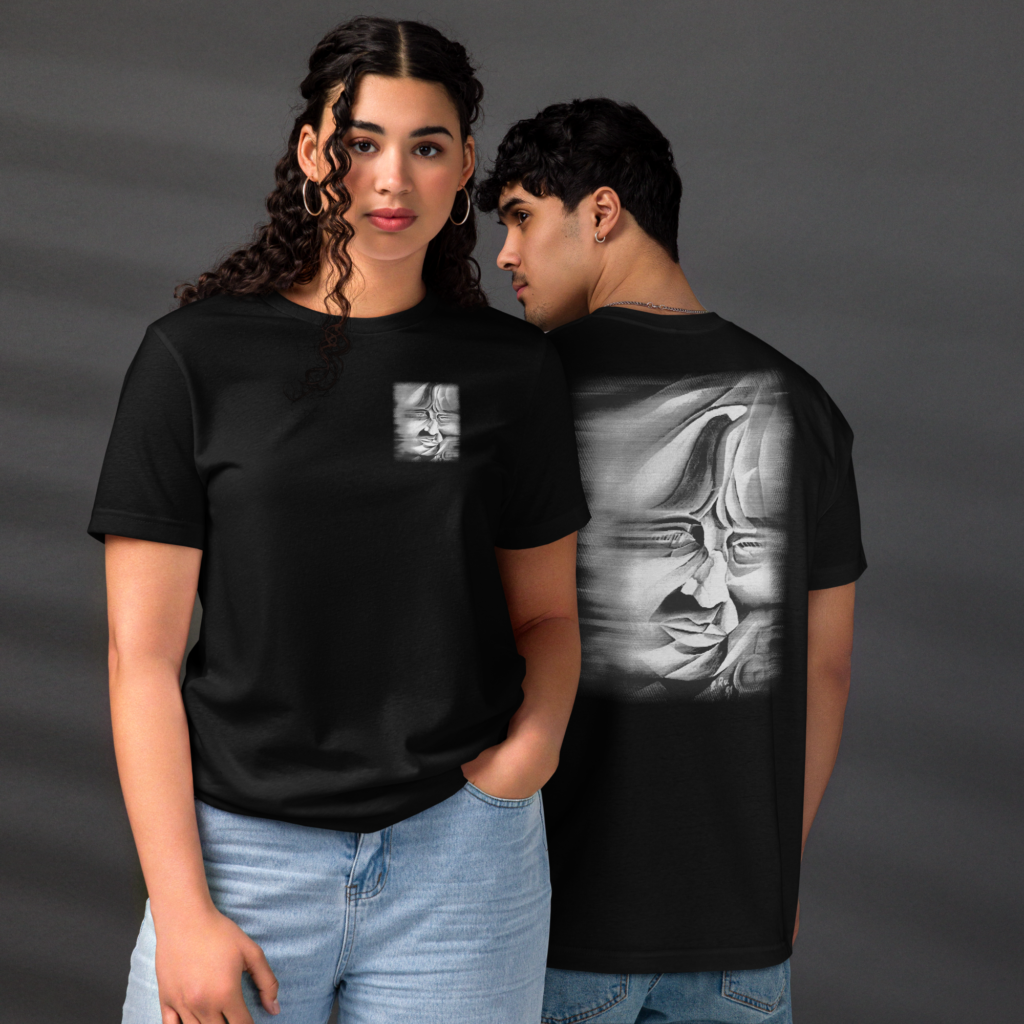 unisex T-shirt with cubist expression to streetwear – a colorful abstract design on eco-friendly, recycled materials.