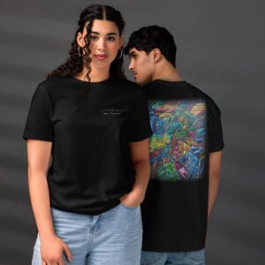 cubism landscape backprint t shirt – vibrant abstract art & minimal front quote | unisex streetwear