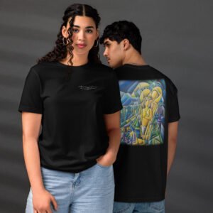 cubism backprint t shirt – abstract yellow & green artwork with minimal quote | unisex streetwear